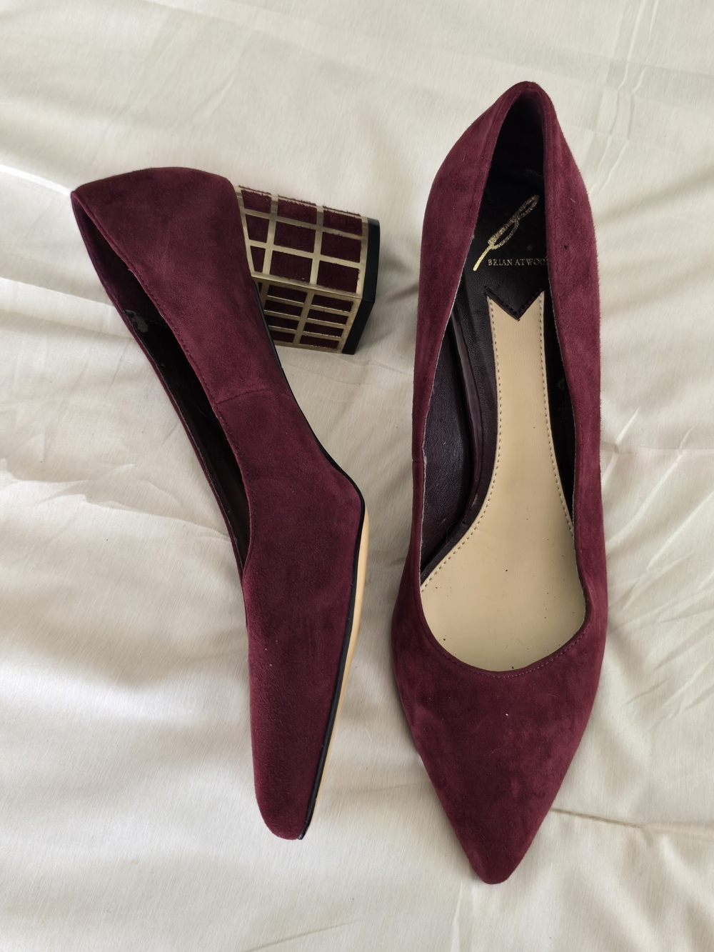 Brian Atwood Burgundy Suede Karina Block Heel Pumps Pointed Toe Women's Size 9.5